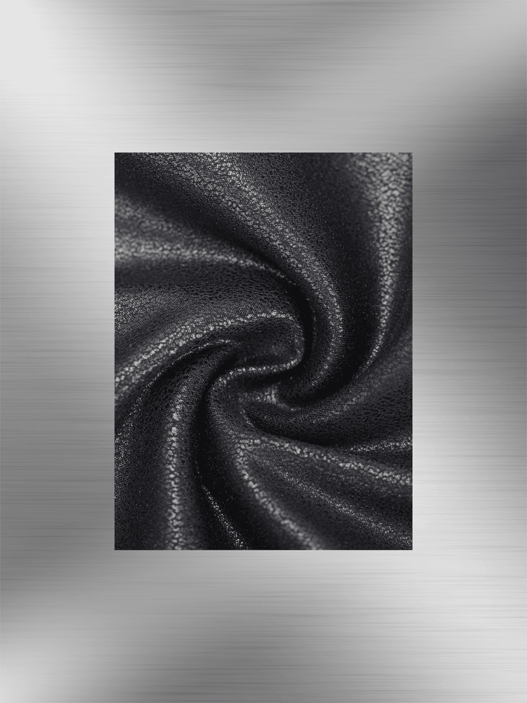 Faux leather bodysuit fabric close-up with glossy black texture and soft stretch finish