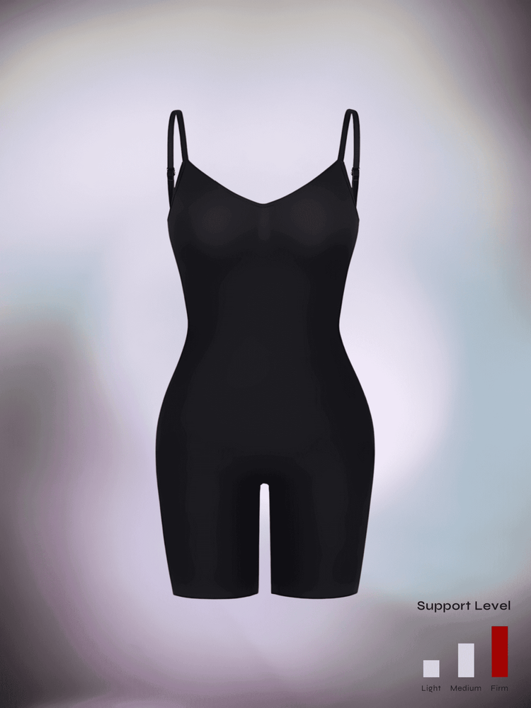 firm body shaper full-body compression bodysuit with diamond neckline and supportive fit, shown in black