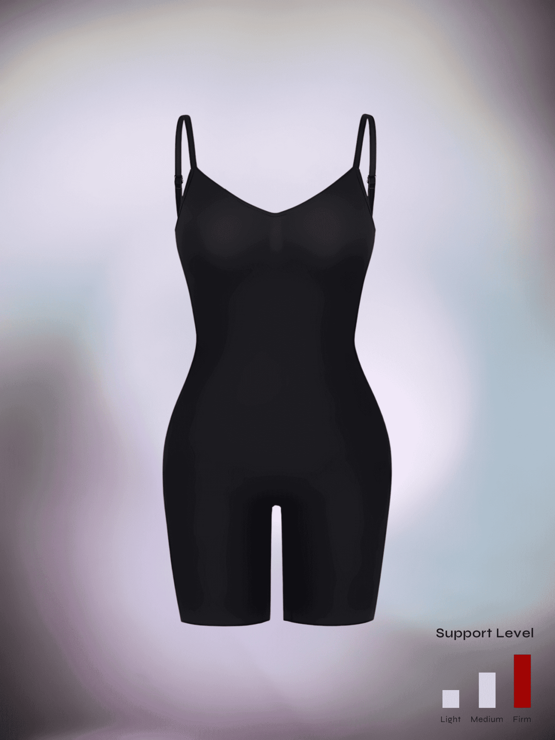 firm body shaper full-body compression bodysuit with diamond neckline and supportive fit, shown in black