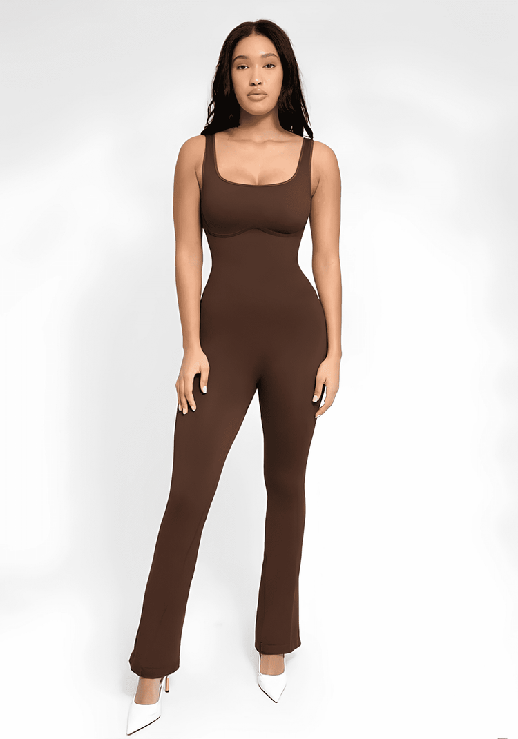 flared open back jumpsuit with square neckline, body-skimming fit, and flared legs in brown