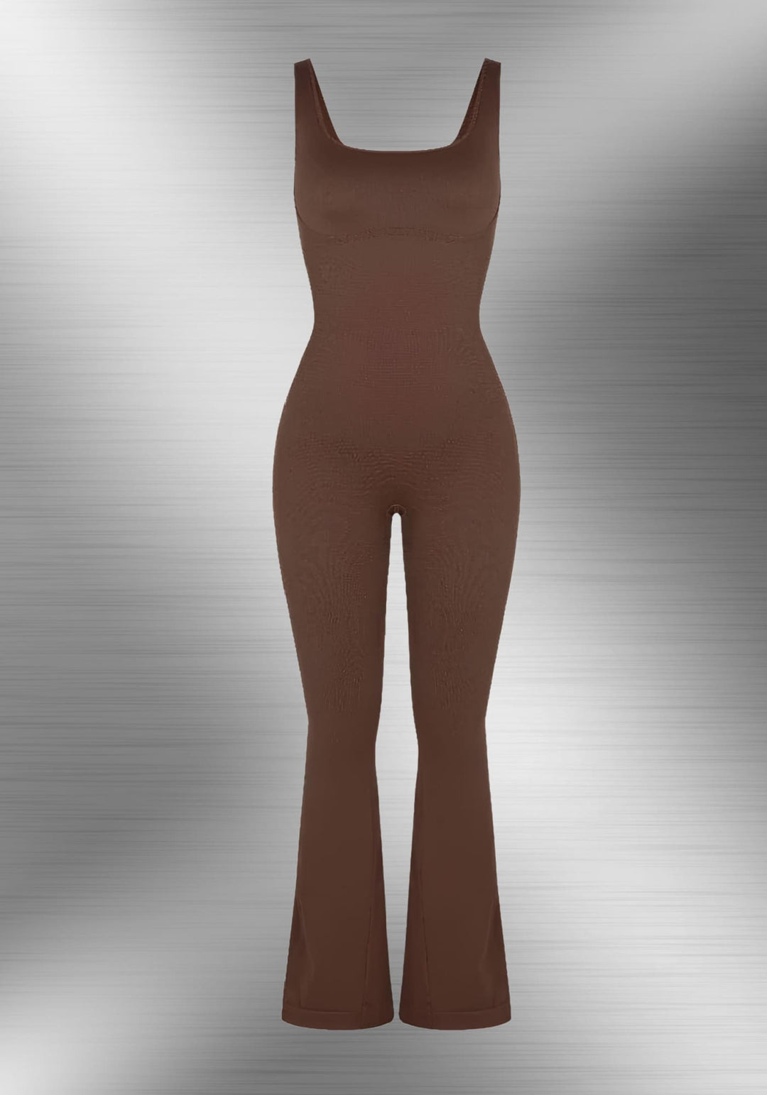 flared open back jumpsuit with square neckline and flared-leg silhouette, body-skimming brown one-piece