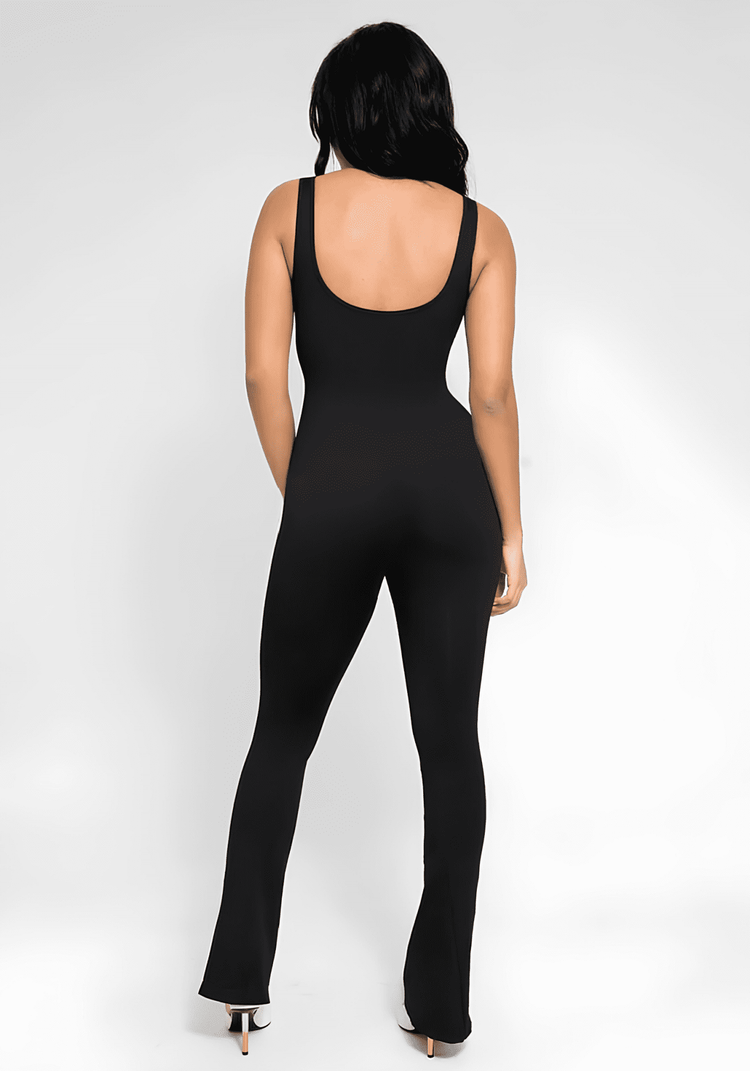 flared open back jumpsuit with square neck and flared legs, black body-skimming one-piece from back view