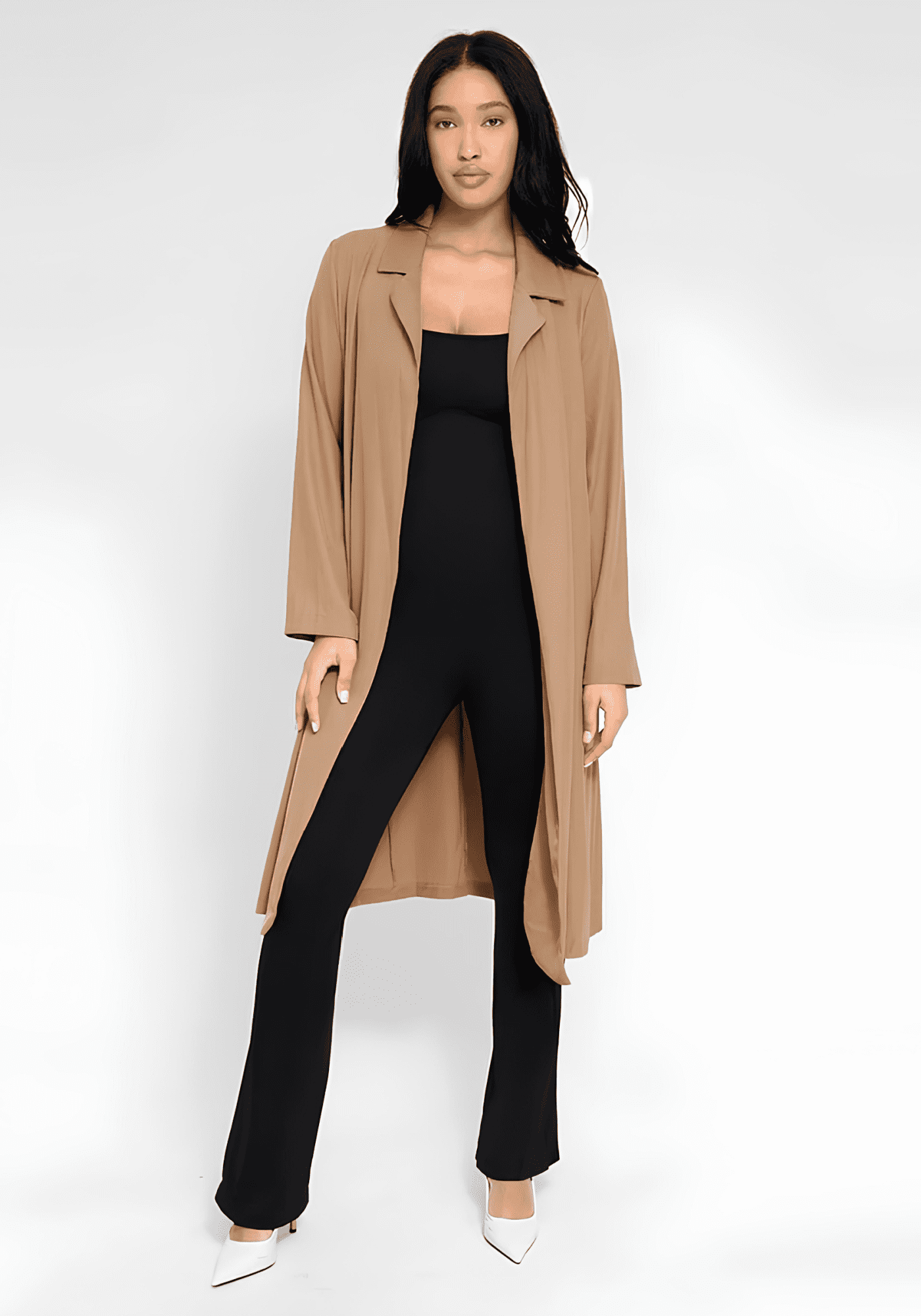 flared open back jumpsuit with square neckline, flared leg, and body-skimming silhouette
