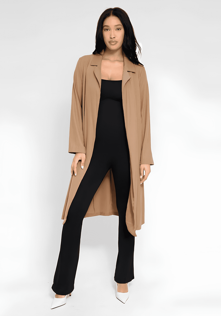 flared open back jumpsuit with square neckline, flared leg, and body-skimming silhouette