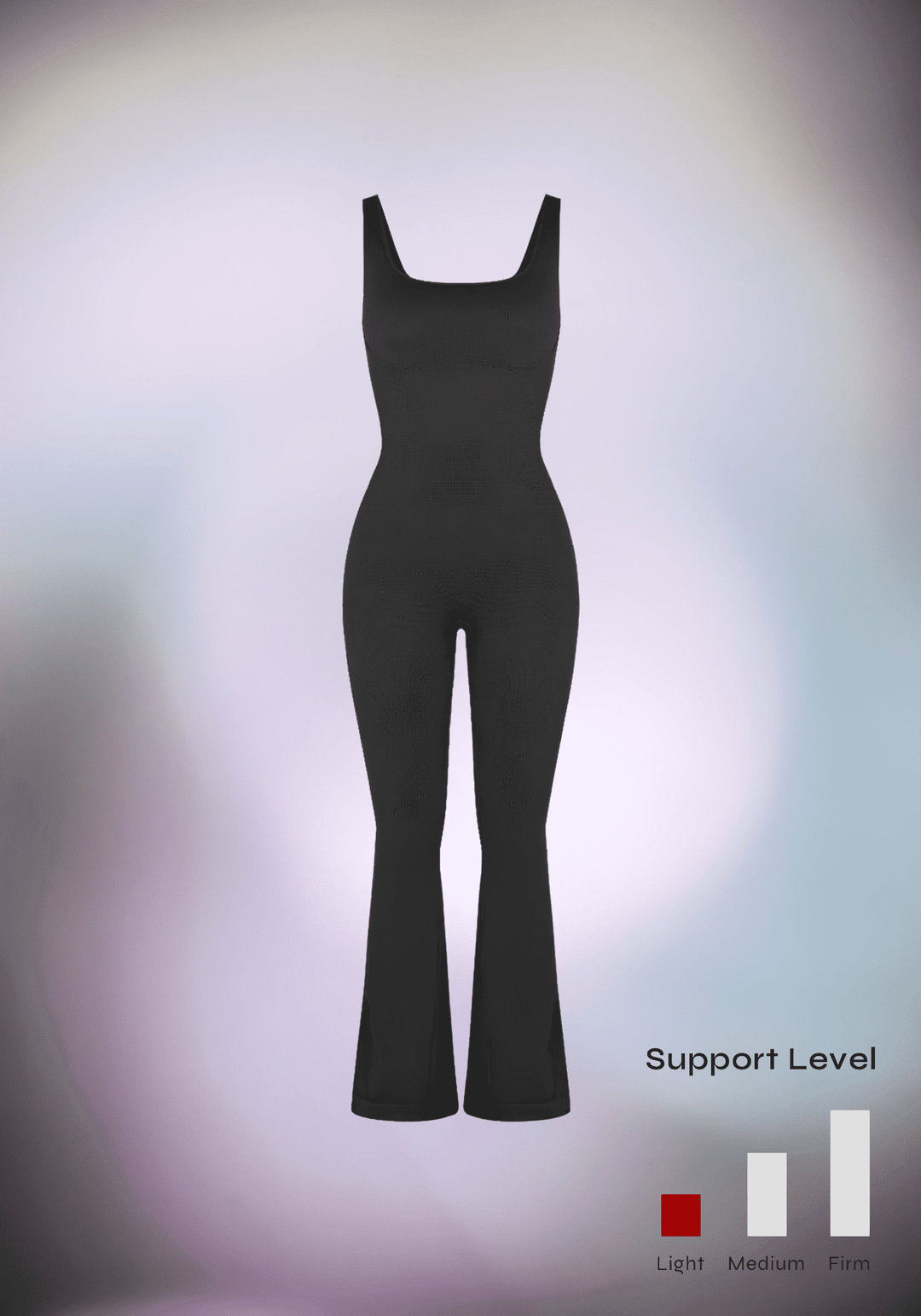 flared open back jumpsuit with square neckline and flared legs, black body-skimming silhouette