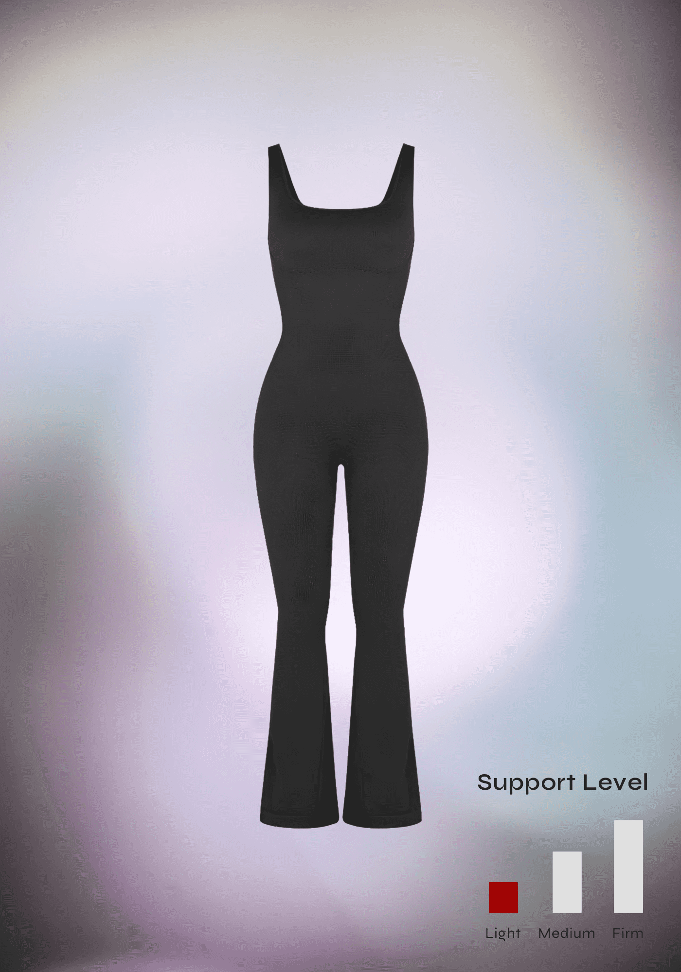 flared open back jumpsuit with square neckline and flared legs, black body-skimming silhouette