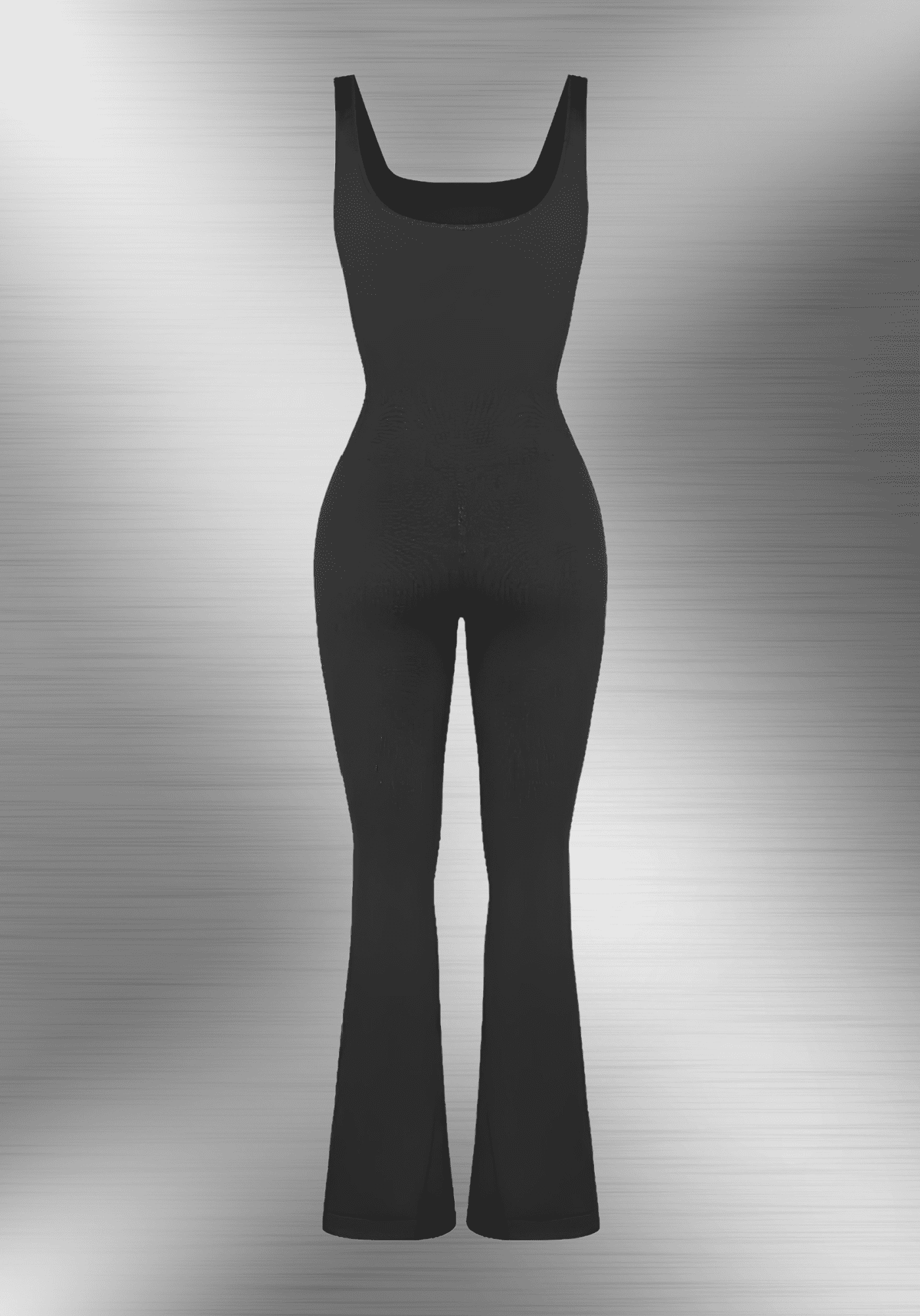 flared open back jumpsuit with square neckline and flared-leg silhouette