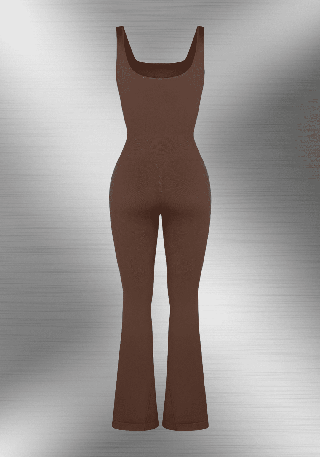 flared open back jumpsuit with square neckline and flared-leg silhouette