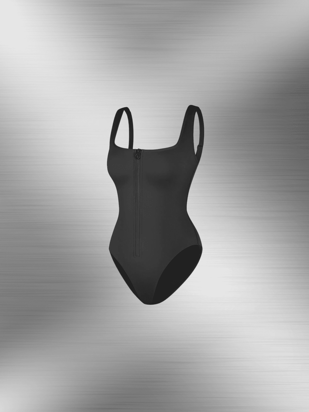 front-zipper shaper bodysuit with built-in tummy-control, sleek black one-piece shapewear with adjustable straps