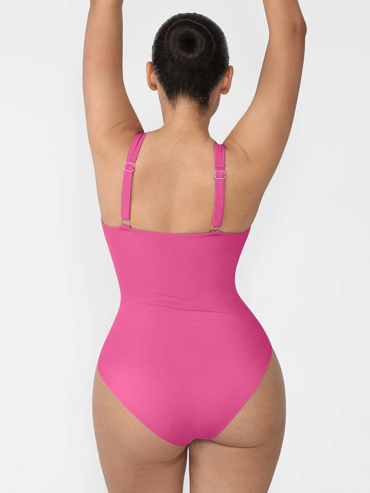 front-zipper shaper bodysuit with built-in tummy-control, pink seamless back view for smooth shaping and everyday comfort