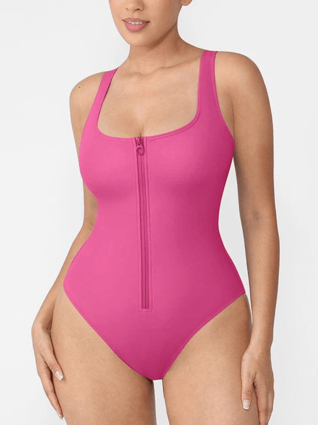 front-zipper shaper bodysuit with built-in tummy-control, pink one-piece shaping swimwear for a smooth silhouette
