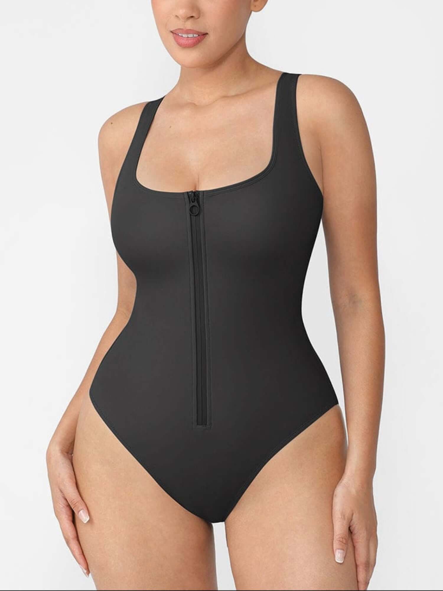front-zipper shaper bodysuit with built-in tummy-control and sleek black shaping fit for a smooth silhouette