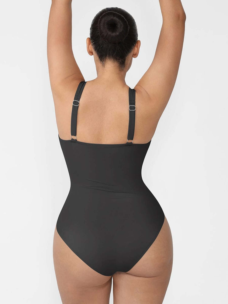 tummy control one-piece swimsuit front-zipper shaper bodysuit with square neckline, adjustable straps, and smooth support