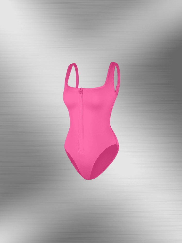 front-zipper shaper bodysuit with built-in tummy-control in pink, sleek one-piece shaping swimwear for a smooth silhouette