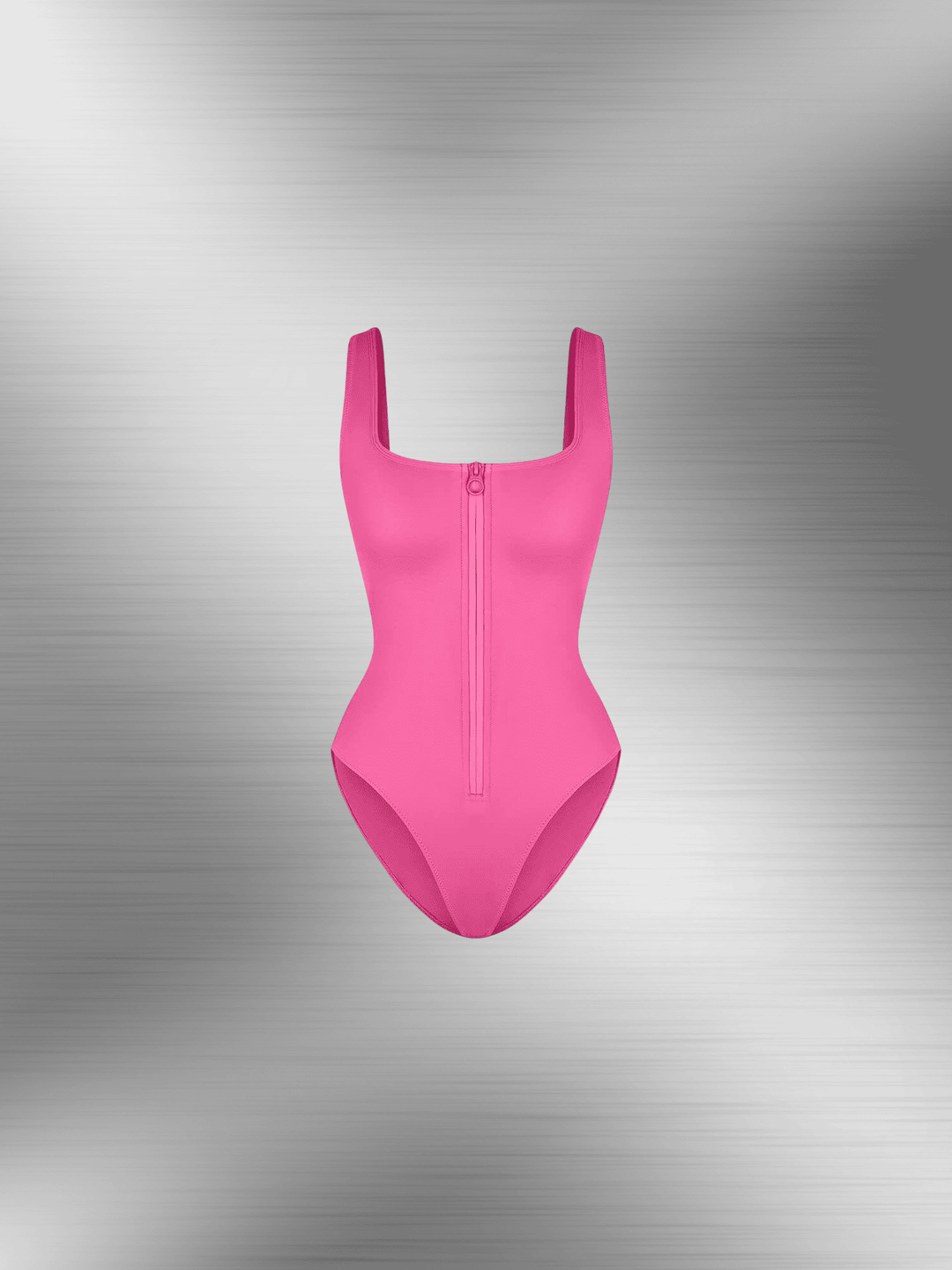 front-zipper shaper bodysuit pink one-piece with built-in tummy-control and flattering sleek silhouette