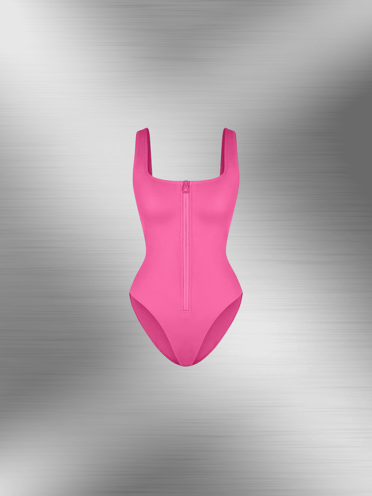 front-zipper shaper bodysuit pink one-piece with built-in tummy-control and flattering sleek silhouette