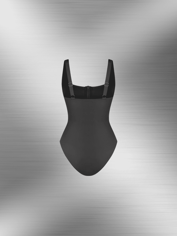 tummy control one-piece swimsuit front-zipper shaper bodysuit with adjustable straps and square neckline