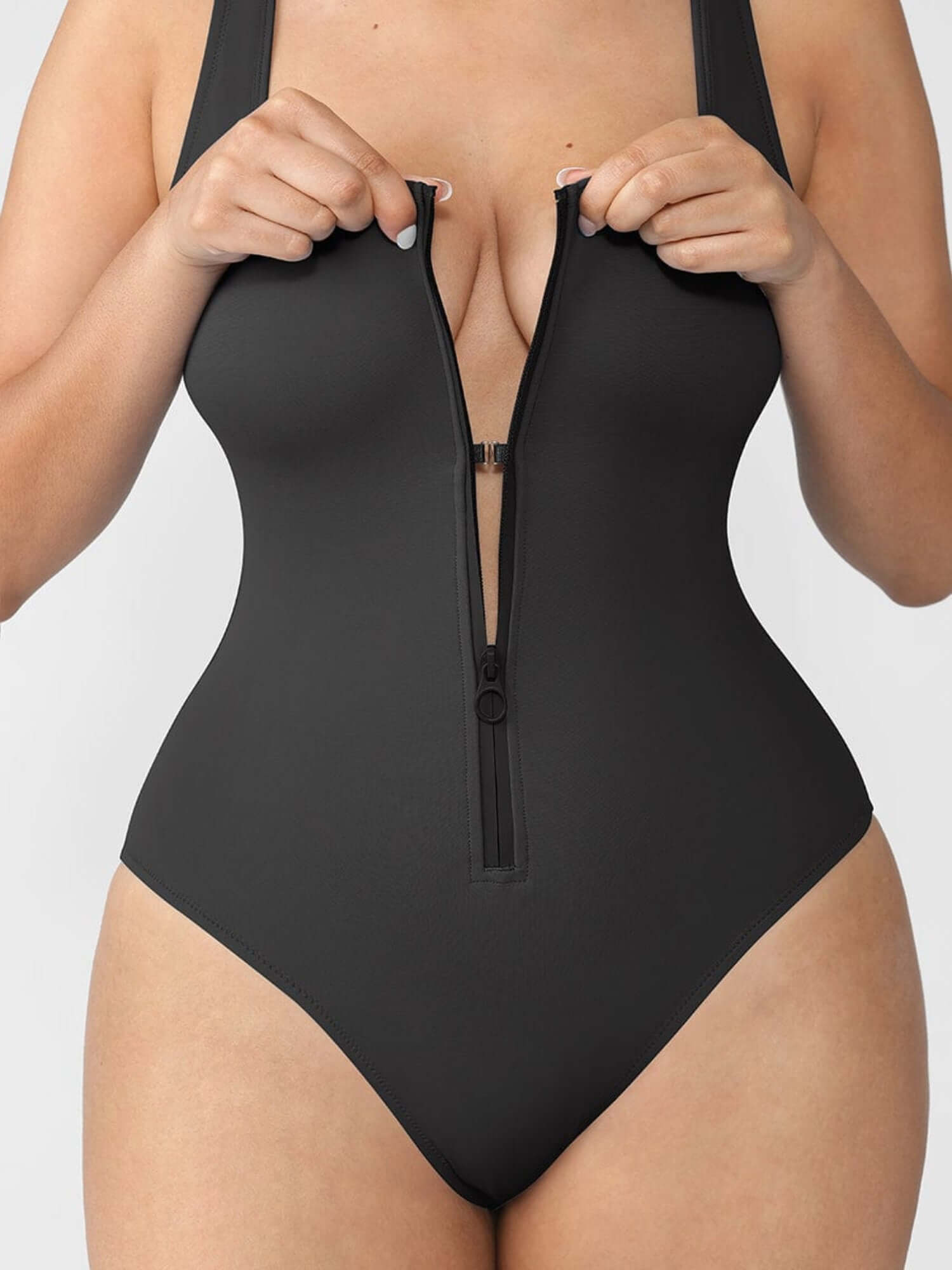Front-zipper shaper bodysuit with built-in tummy-control for a smooth, flattering silhouette and everyday comfort
