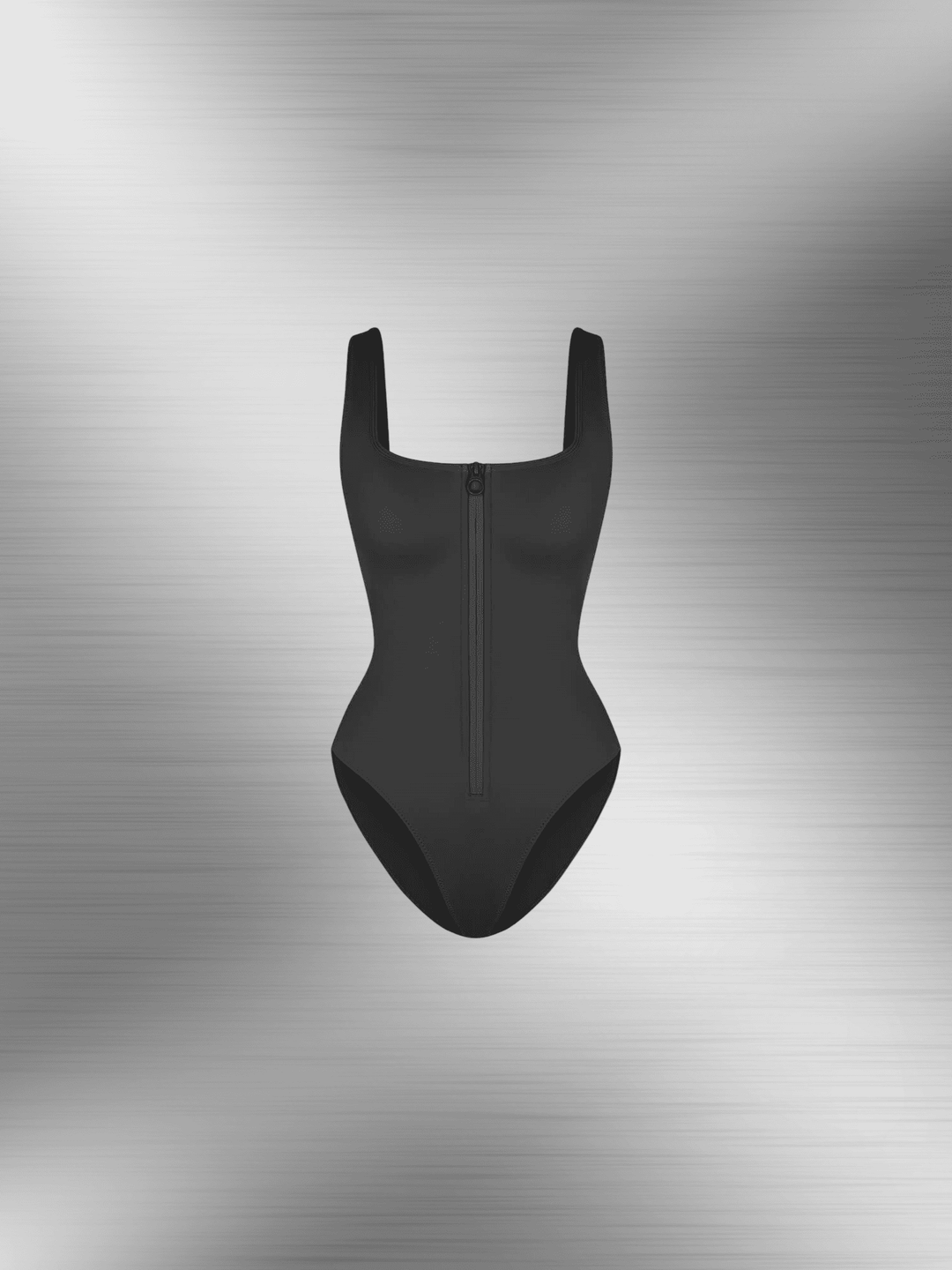 front-zipper shaper bodysuit with built-in tummy-control, sleek black one-piece shapewear for smooth silhouette