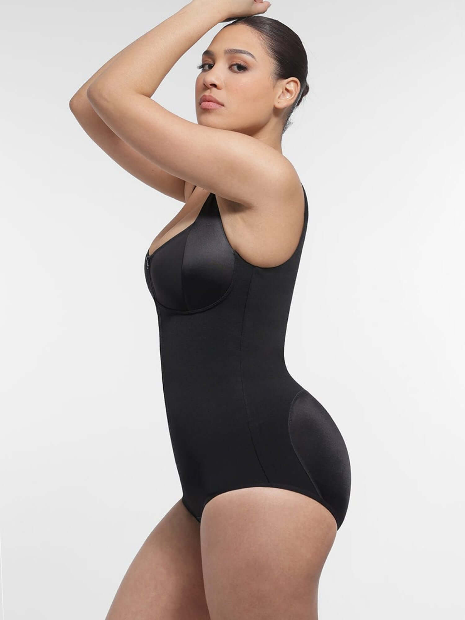 full body compression shapewear black bodysuit with diamond neckline and tummy control for a smooth slimming silhouette