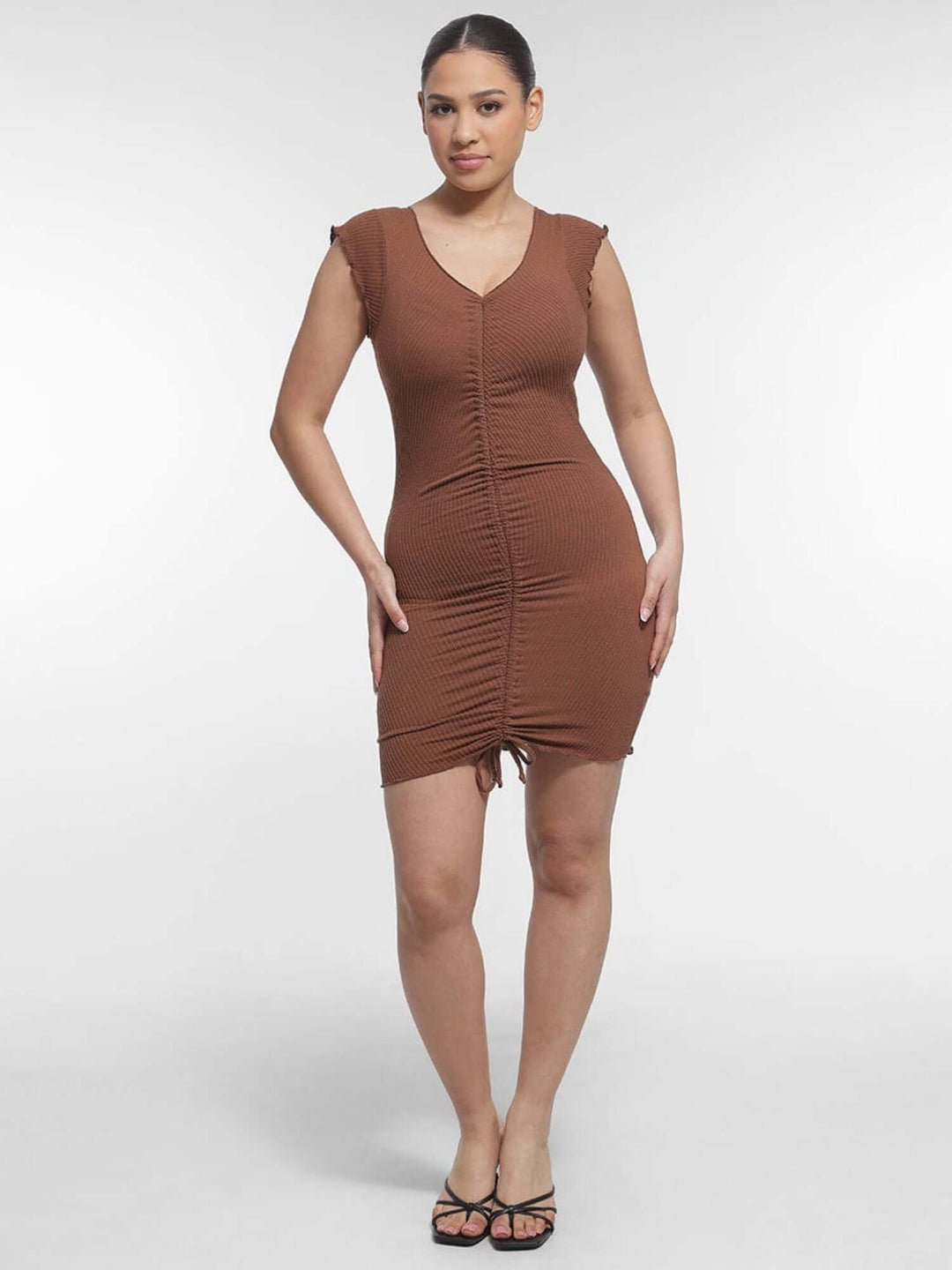 full body compression shapewear brown diamond neckline sleeveless slimming dress for waist and tummy contouring