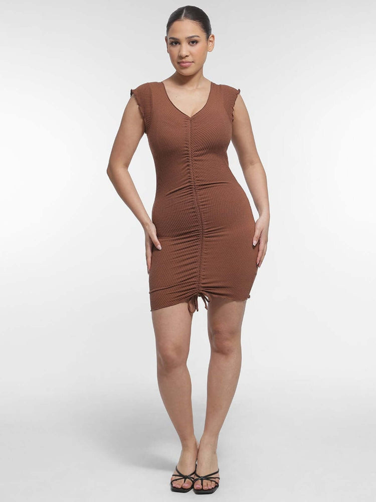 full body compression shapewear brown diamond neckline sleeveless slimming dress for waist and tummy contouring