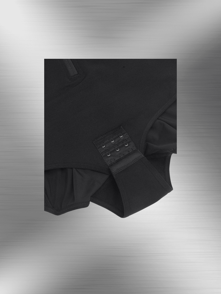 Black full body compression shapewear with triple-layer abdominal control and crotch button design for a slimming silhouette