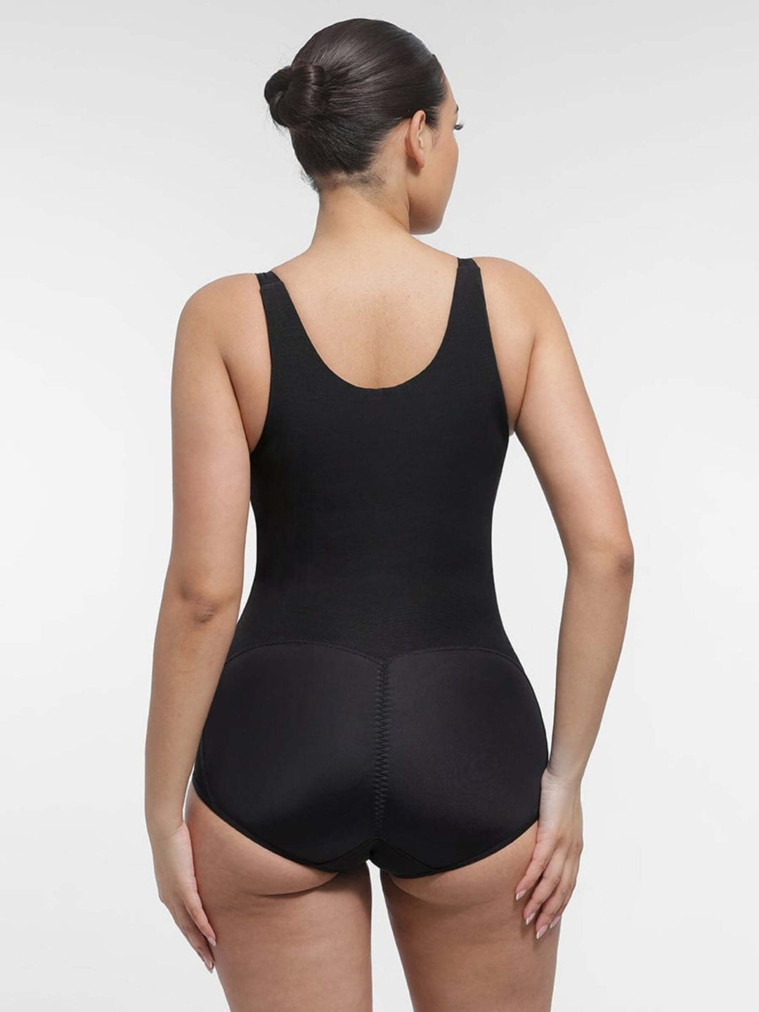 full body compression shapewear black back view with diamond neckline, tummy control, and smooth sculpting fit