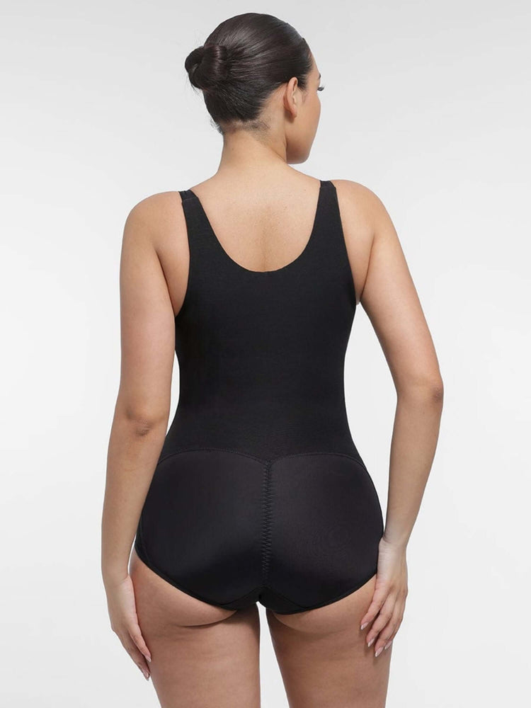 full body compression shapewear black back view with diamond neckline, tummy control, and smooth sculpting fit