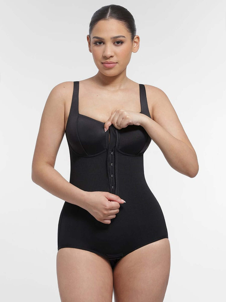 full body compression shapewear black bodysuit with bust support, waist control, and front button closure for a smooth silhouette