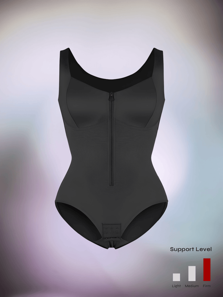 full body compression shapewear black firm-control bodysuit with zipper, bust support, waist shaping, and smoothing silhouette