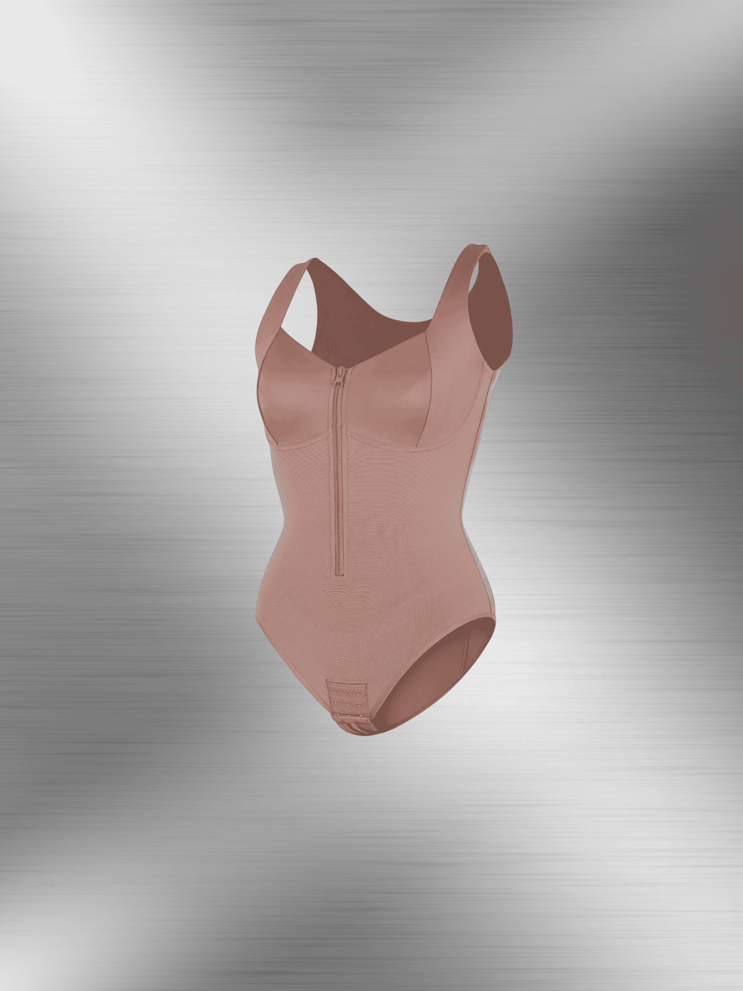 Full body compression shapewear with diamond neckline and zipper front for waist and tummy control
