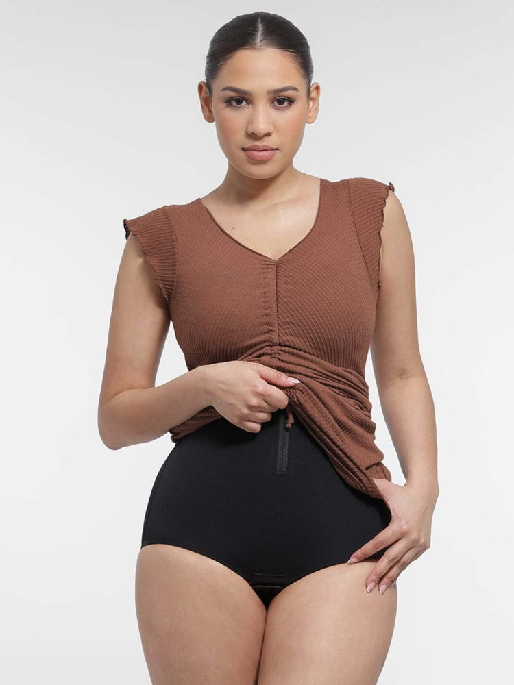 full body compression shapewear brown V-neck tummy control bodysuit for waist slimming and curve-enhancing comfort