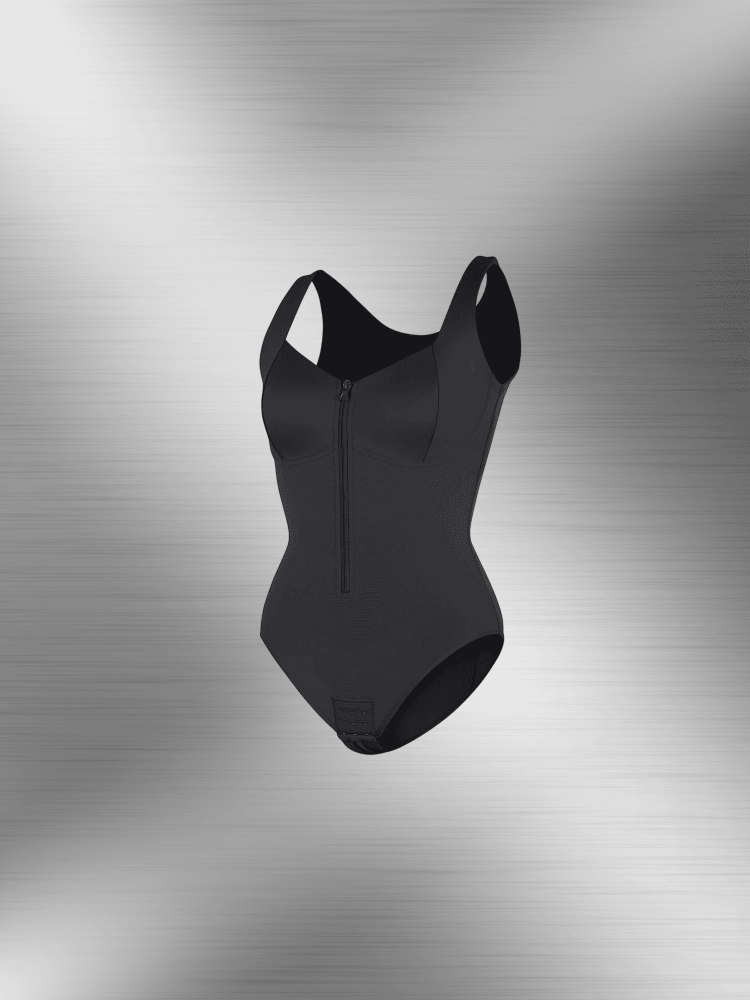 full body compression shapewear black zip-front body shaper with diamond neckline and tummy control
