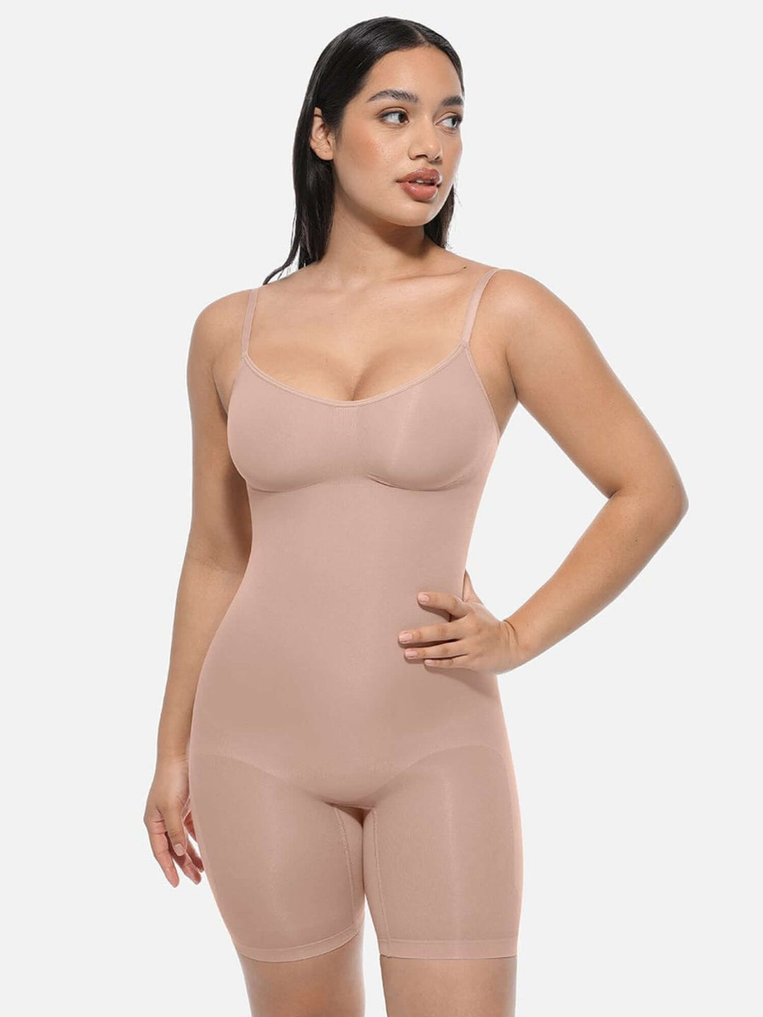 full body shaper bodysuit with light compression and butt-lifting fit, mid-thigh sculpting style for waist and tummy control