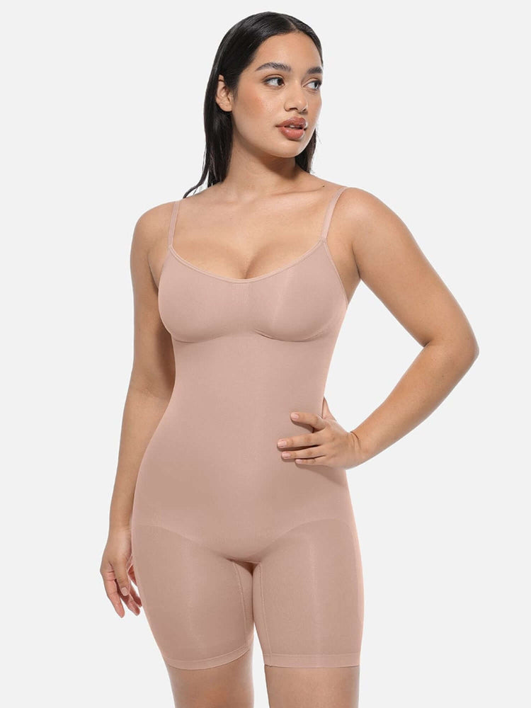 full body shaper bodysuit with light compression and butt-lifting fit, mid-thigh sculpting style for waist and tummy control