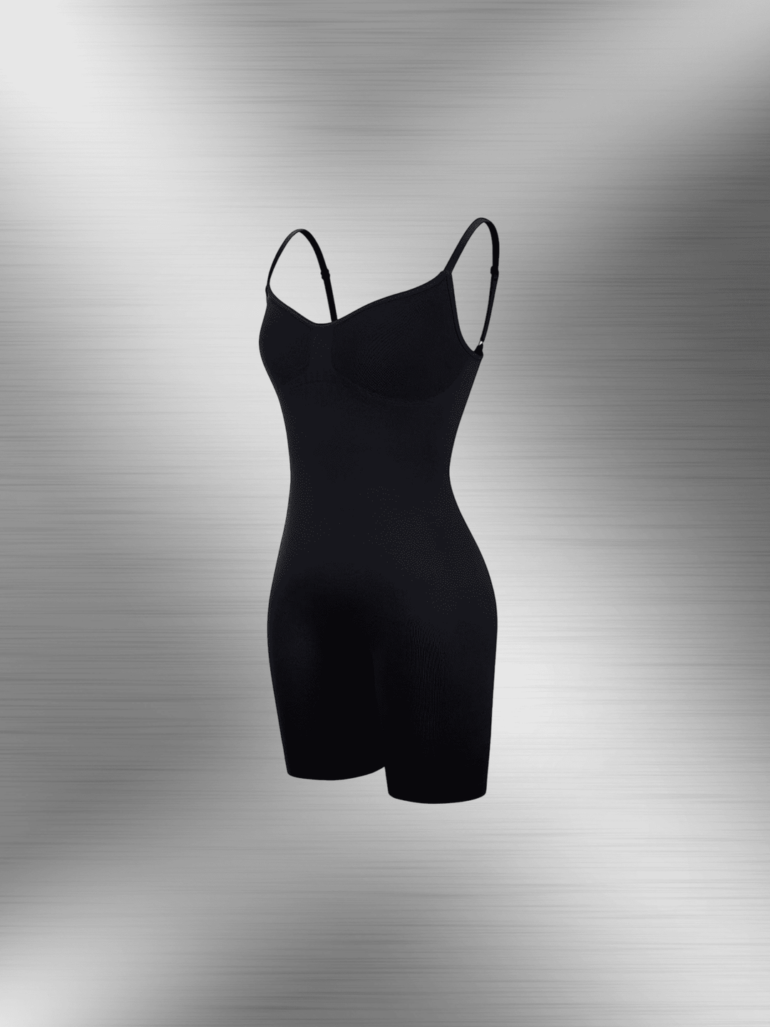 Black full body shaper bodysuit with spaghetti straps and mid-thigh compression fit