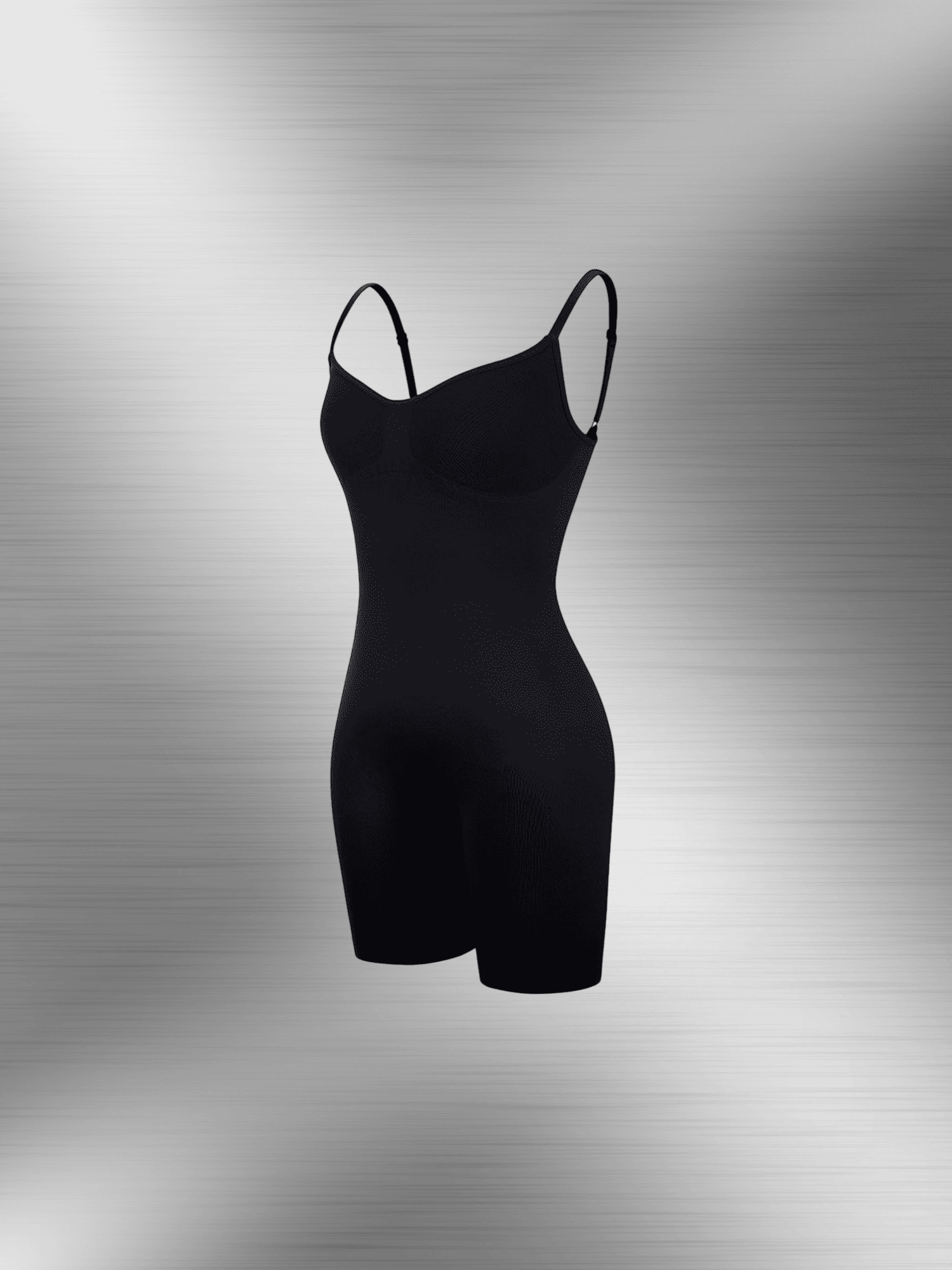 Black full body shaper bodysuit with spaghetti straps and mid-thigh compression fit