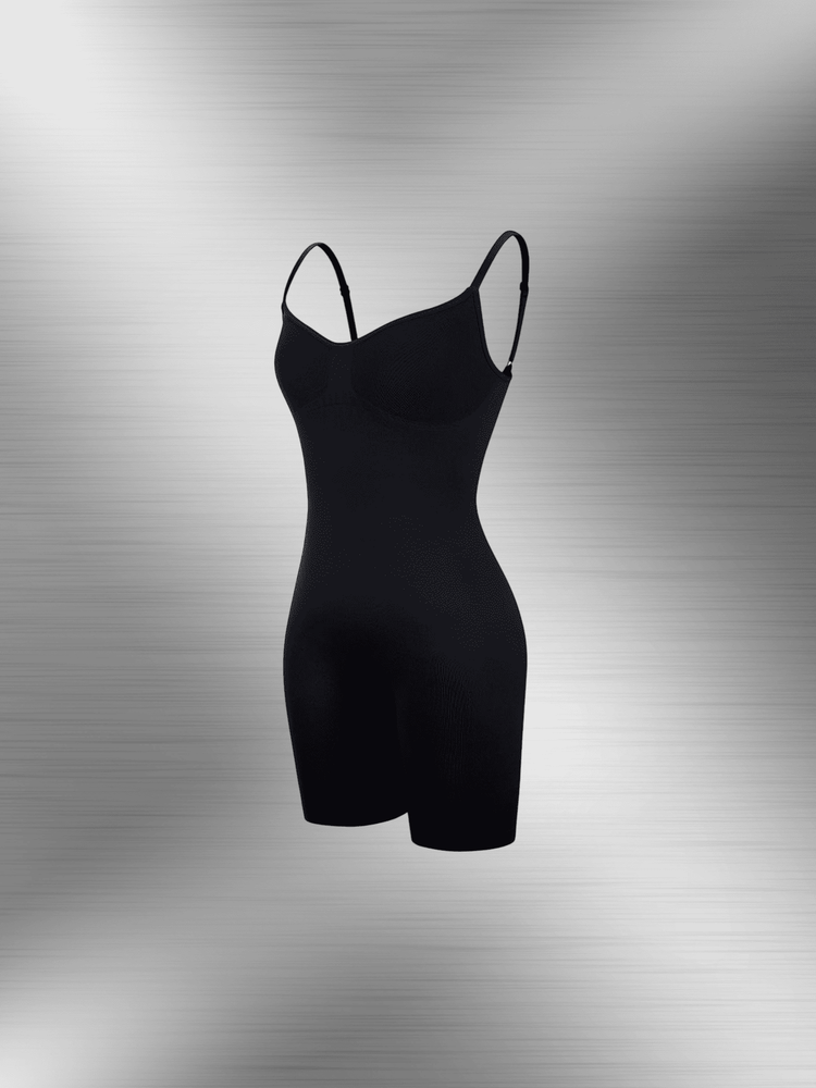 Black full body shaper bodysuit with spaghetti straps and mid-thigh compression fit