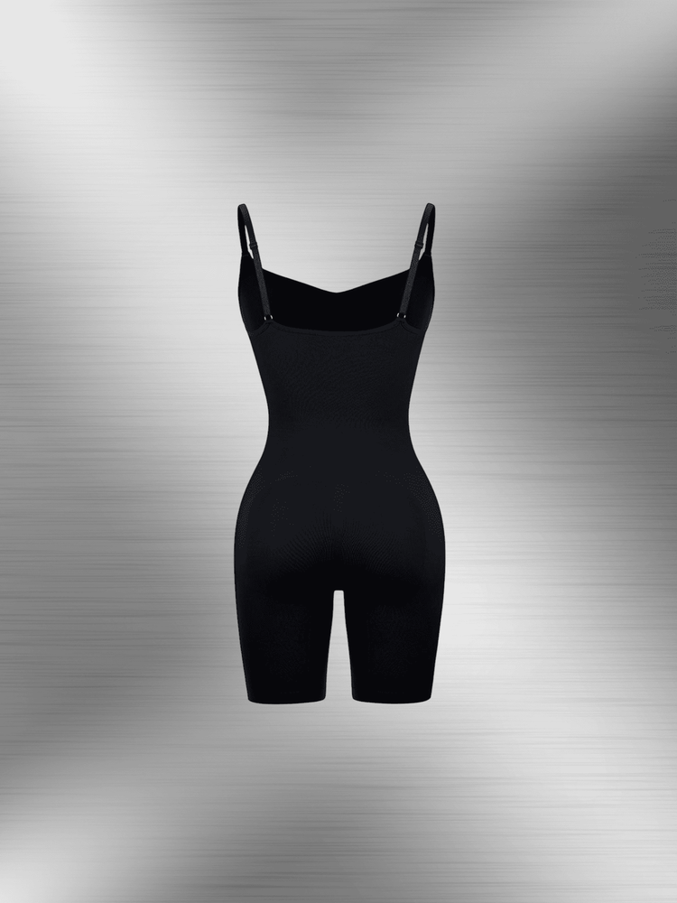 Full body shaper bodysuit with light compression, waist and tummy control, mid-thigh length, and butt-lifting pockets