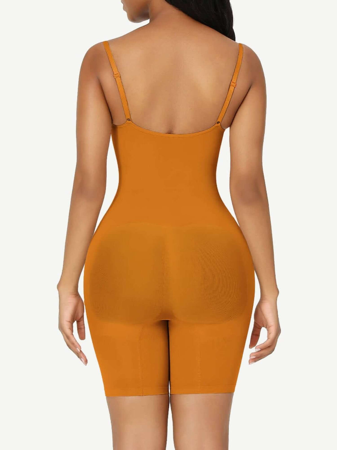 full body shaper bodysuit in orange, mid-thigh shapewear with waist, tummy, and butt-lifting support for a sculpted silhouette