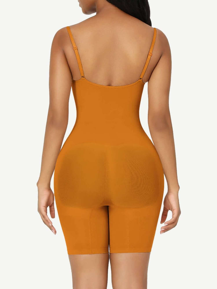 full body shaper bodysuit in orange, mid-thigh shapewear with waist, tummy, and butt-lifting support for a sculpted silhouette