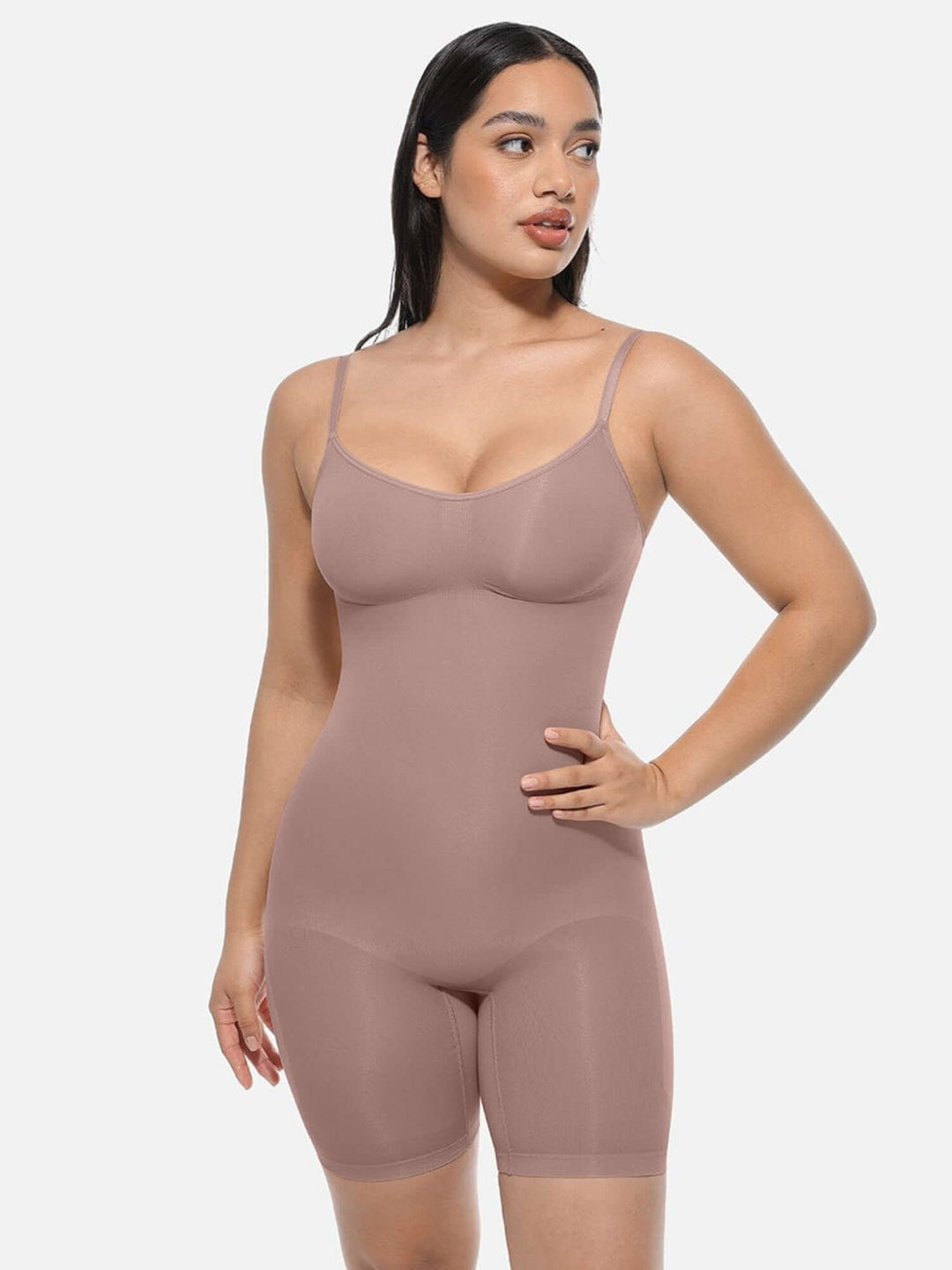 Full body shaper bodysuit with light compression, waist and tummy control, mid-thigh coverage, and butt-lifting pockets