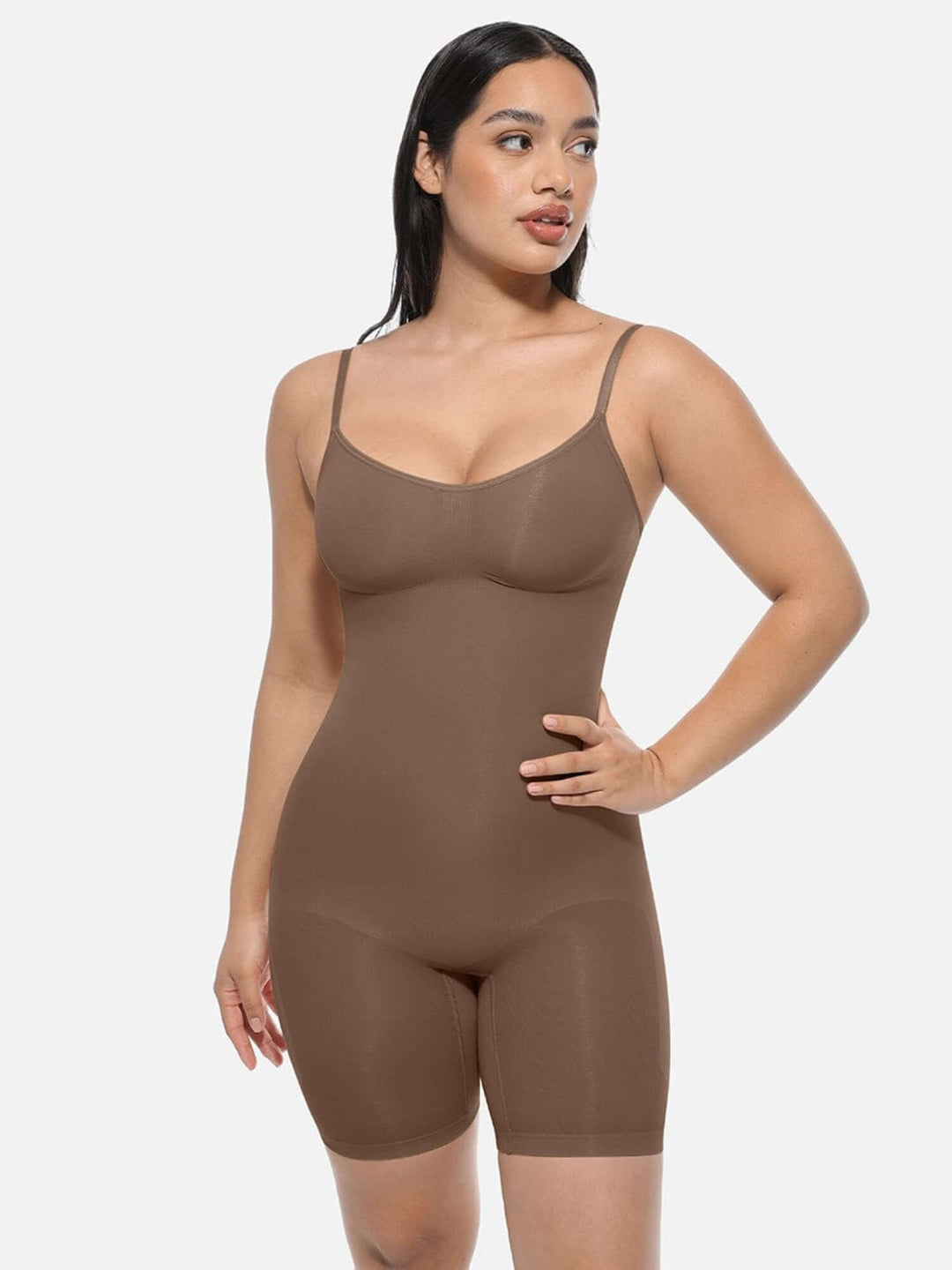 Full body shaper bodysuit with light compression, waist and tummy control, butt-lifting fit, mid-thigh length