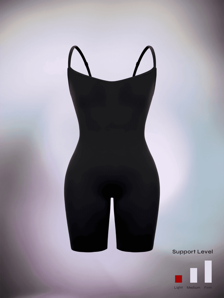 full body shaper bodysuit black mid-thigh shapewear with light compression and butt-enhancing fit