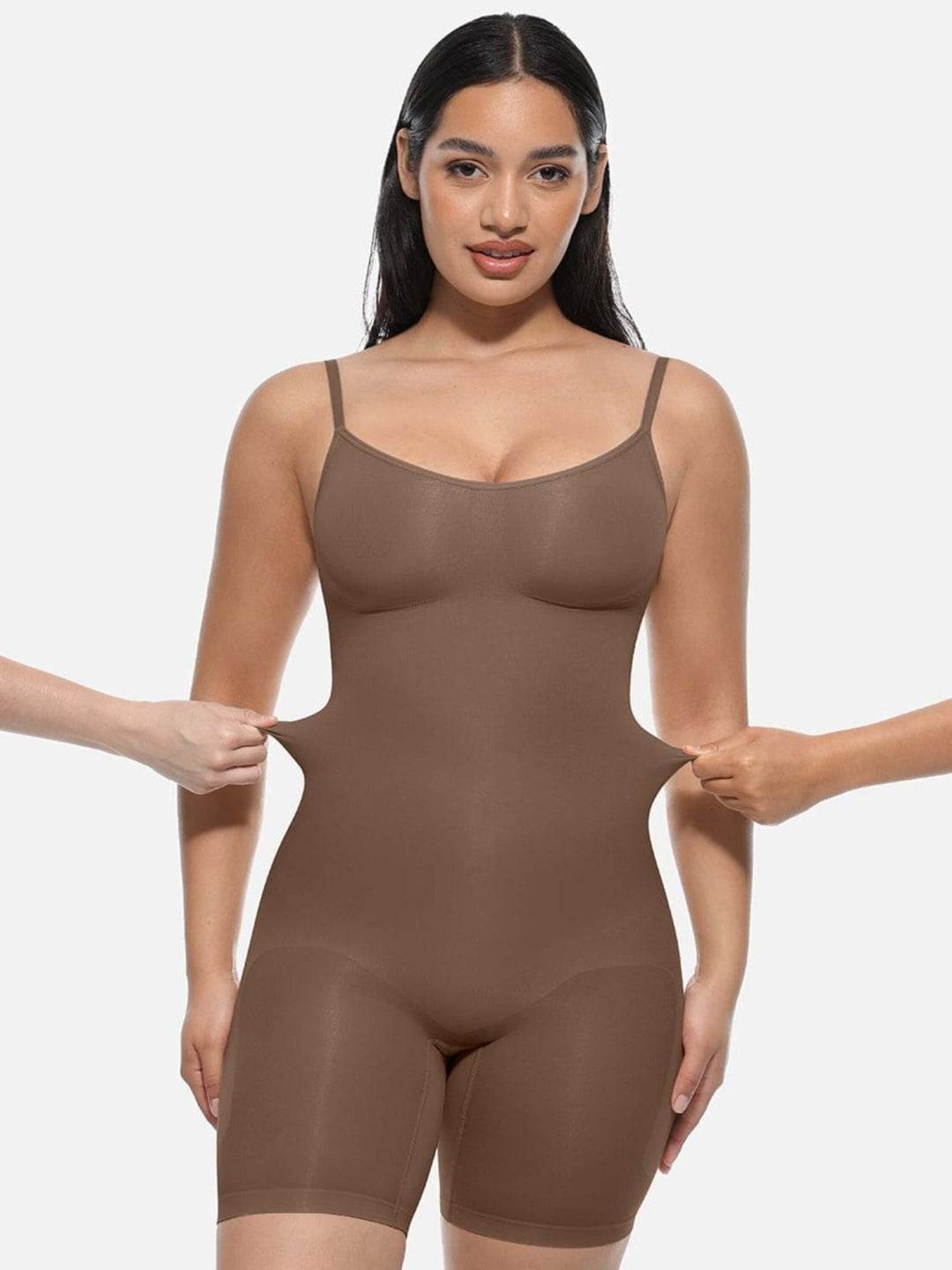 Full body shaper bodysuit with light compression, waist and tummy control, and lifted butt-enhancing pockets