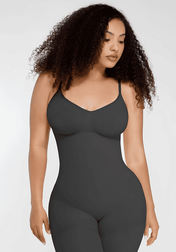 Full-length body shaper catsuit with seamless support, adjustable straps, and curve-smoothing fit