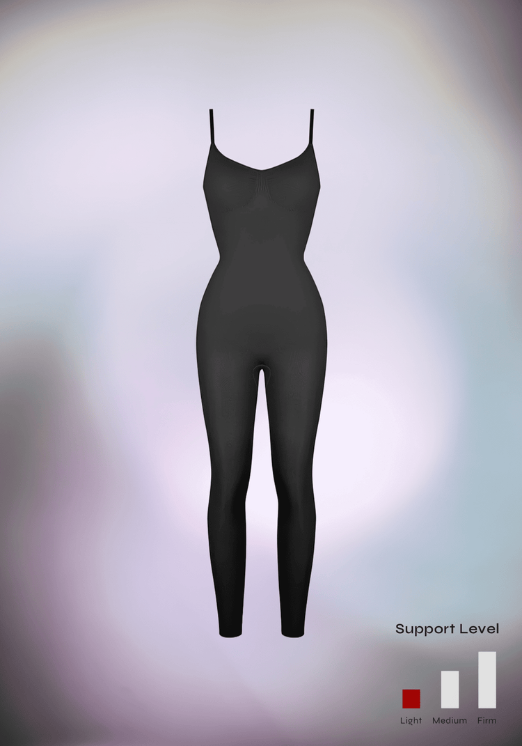 full-length body shaper catsuit, black seamless shapewear jumpsuit with adjustable straps and support level