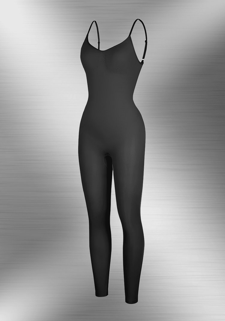 full-length body shaper catsuit, seamless black shapewear jumpsuit with adjustable straps and 360-degree body control