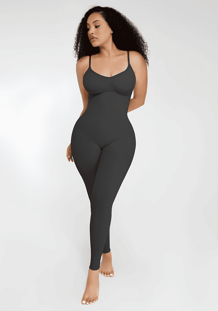 Full-length body shaper catsuit with adjustable straps, bust support, and 360-degree control for a smoother silhouette.